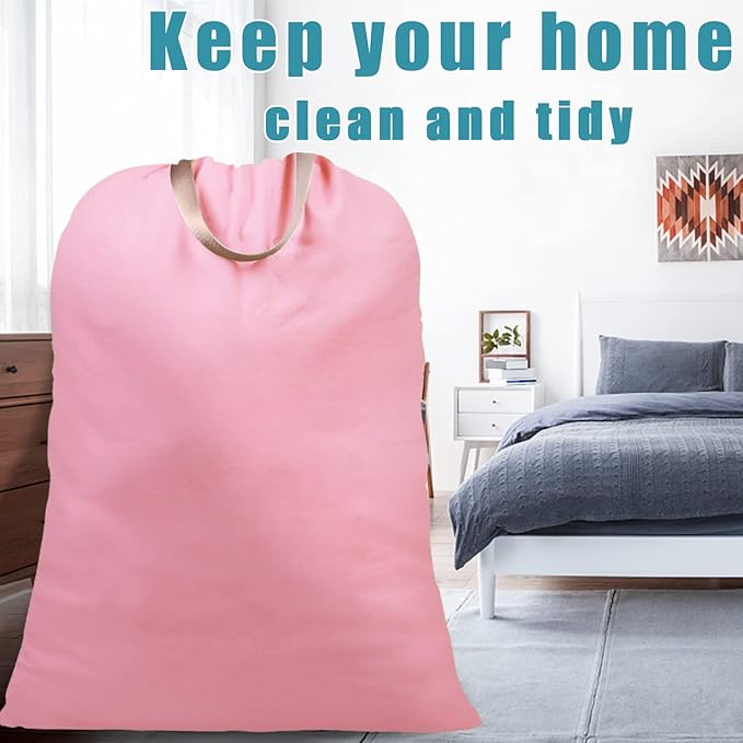 LOLOMLO Extra Large Canvas Laundry Bags with Handles & Drawstring Closure, Heavy Duty Tears Resistant Clothes Storage Travel Bags, Machine Washable Multi Use Laundry Bag liner for Laundry Hamper - 25.5 x 34 in - Pink