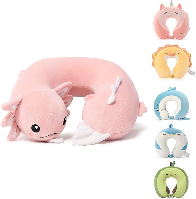 Niuniu Daddy Pink Axolotl Kids Travel Neck Pillow Road Trip Essentials for 3-8 Years Old, Soft Memory Foam Neck Pillow for Sleeping Airplane Essentials, Cervical Pillow for Boys Girls Toddlers