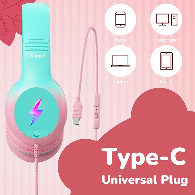 Kids USB C Headphones for School, 2025 Upgrade Safe Listening Wired Over-Ear Headphones with LED Lights, Volume Limiter & Microphone, Foldable Design for iPhone 16, iPad, Tablet (Green Pink)