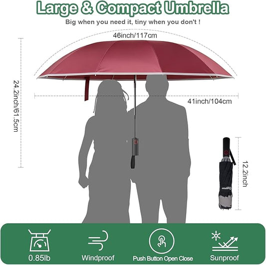 Rappeo 4-in-1 Inverted Travel Umbrella Compact, Automatic Large Umbrellas for Rain & Sun, Portable Windproof Umbrella for Backpack, Reverse Folding Umbrella for UV with Reflective Strips,Lightweight