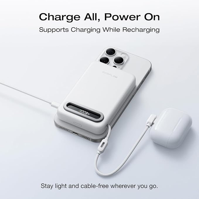 EF ECOFLOW Rapid Mag Power Bank 10,000mAh, Qi2.2 25W Wireless Charging, 0.6'' Slim Magnetic Portable Charger, Built-in USB-C Cable, Qi2 Certified Magsafe-Compatible Battery for iPhone 17/16/15, White