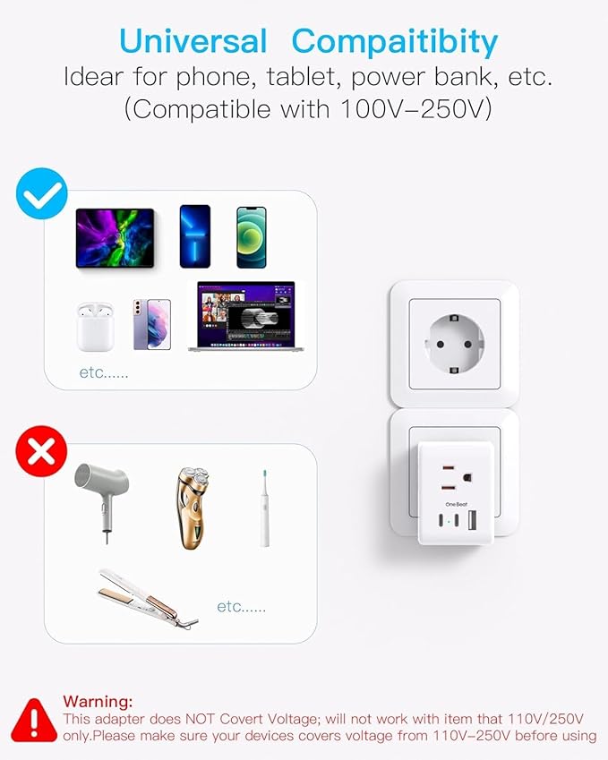 3 Pack European Travel Plug Adapter, One Beat International Power Plug Adapter with 3 Outlets 3 USB Ports(2 USB C), Type C Adapter Travel Essentials for US to Most Europe EU Italy France Germany Spain