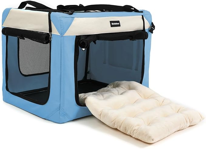 Collapsible Travel Dog Crate Portable Soft-Sided Pet Kennel Extra Large Cat Carrier with Soft Plush Fur Mat for Indoor and Outdoor,28x20x20in Sky Blue