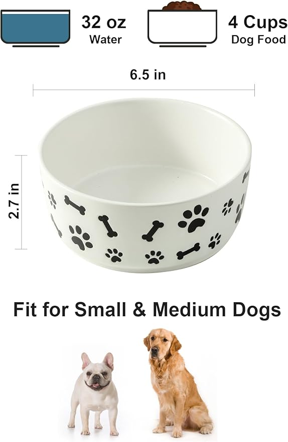 UBEE Ceramic Dog Bowl Set of 2, 6.5 inch Dog Food Bowl Dish with Bone Paw Pattern, Pet Food Water Dish Feeding for Small and Meidum Dogs and Large Cat, White