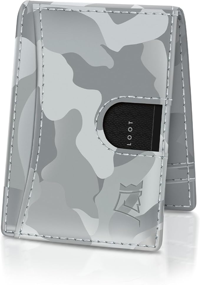 Kings Loot Money Clip Slim Minimalist Wallet for Men – RFID Blocking Leather Design with Money Clip – Front Pocket Bifold Holds 12 Cards – Stylish & Compact Wallets (Camo White/Engraved)