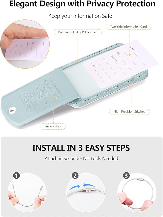 Luggage Tag with Tracker (iOS Only), Premium PU Leather Luggage Tags for Suitcase, Privacy Cover & ID Card Slot, Stainless Loop for Travel Bags, Backpack, Pet Carrier, Ideal Gadgets (Light Green)