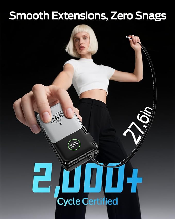 MOVE SPEED 3 in 1 Portable Charger with Built-in Retractable 27.6in Cable and Foldable Wall Plug, 35w 10,000mAh Fast Charging Power Bank, Travel Essential Battery Pack for iPhone 17/16/15,Galaxy
