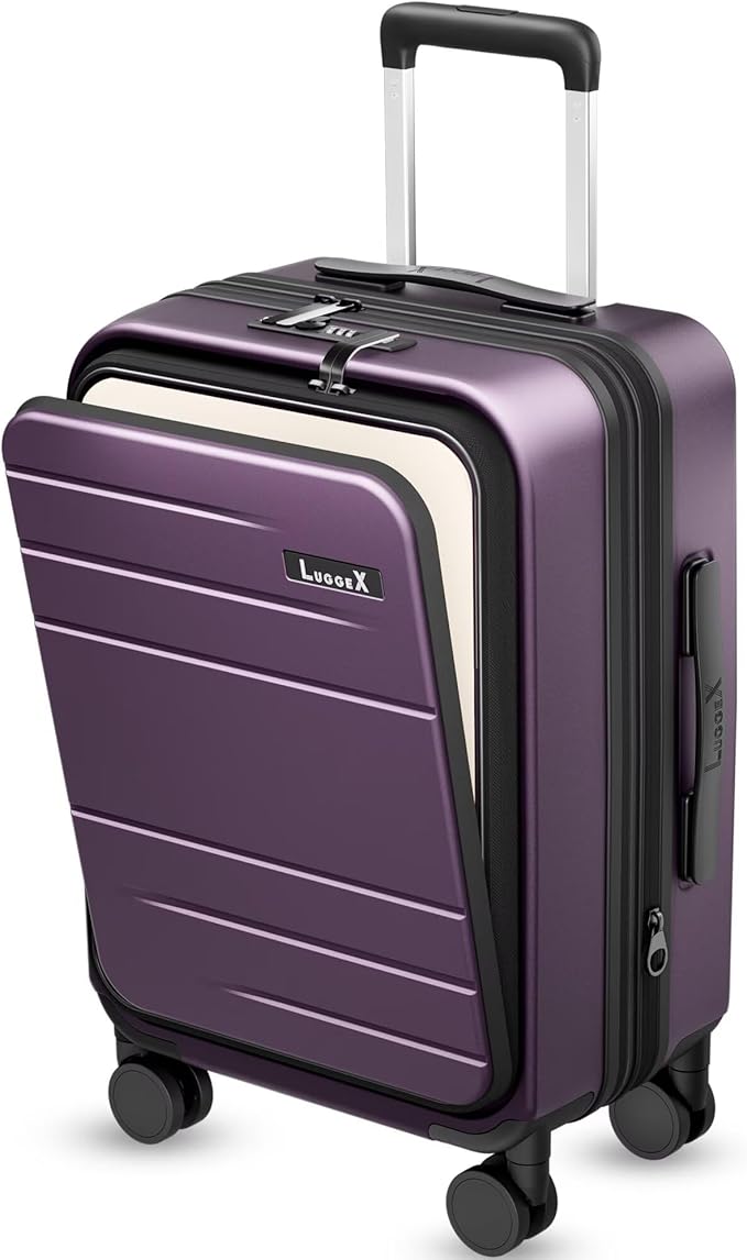 LUGGEX Carry On Luggage 22x14x9 Airline Approved, FLO5 Expandable Polycarbonate Suitcase with Front Pocket (FX-Core, Purple, 20 Inch)