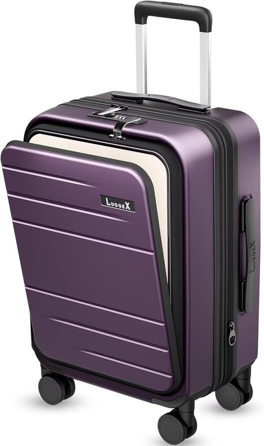 LUGGEX Carry On Luggage 22x14x9 Airline Approved, FLO5 Expandable Polycarbonate Suitcase with Front Pocket (FX-Core, Purple, 20 Inch)