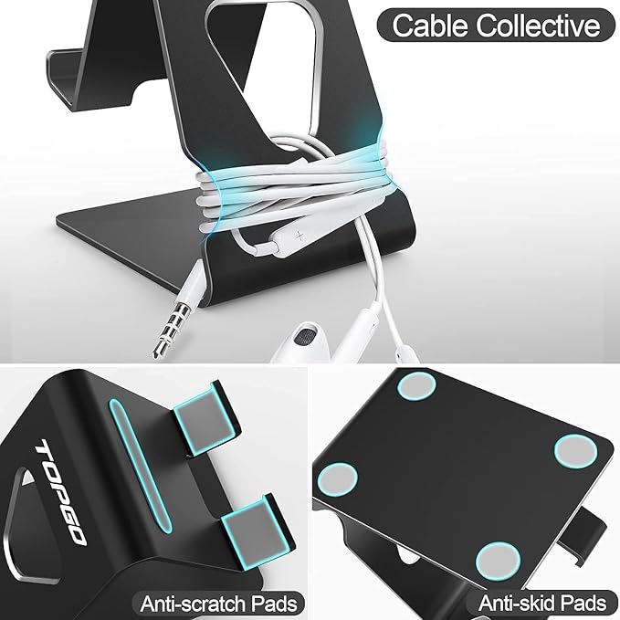 TOPGO 2 Pack Cell Phone Stand, Phone Dock, Cradle, Holder, Aluminum Desktop Cellphone Stand with Cable Collective for Office Desk, Bedside Table Compatible with iPhone 16 15 14 13 12 Pro Max - Black