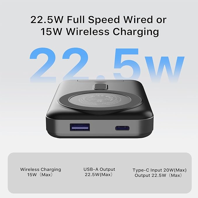 Magnetic Power Bank, 10000mAh Wireless Portable Charger, 22.5W Wireless Battery Pack with LED Display, Portable Phone Charger with Stand for iPhone 17/16/15/14/13 Series (Black)