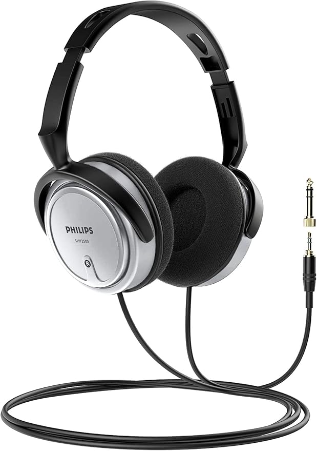 PHILIPS Over Ear Wired Stereo Headphones for Podcasts, Studio Monitoring and Recording Headset for Computer, Keyboard and Guitar with 6.3 mm (1/4") Add On Adapter- Silver