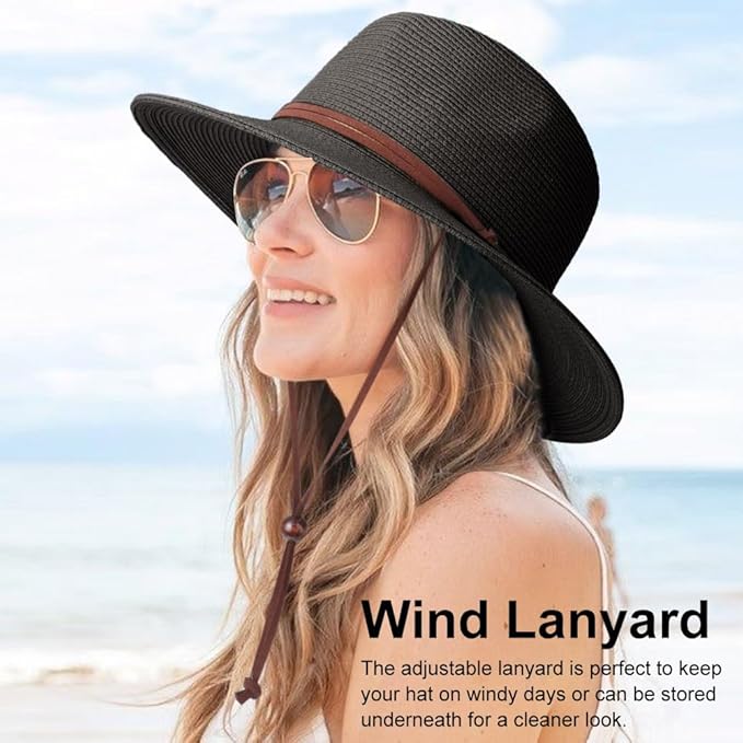 DRESHOW Women Straw Panama Hat Travel Fedora Beach Sun Hat Summer Wide Brim Straw Roll up Hat UPF 50+
