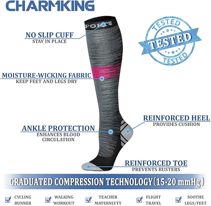 CHARMKING Compression Socks for Women & Men Circulation (8 Pairs) 15-20 mmHg is Best Support for Athletic Running,Cycling