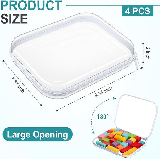 Hoolerry 4 Pcs Hard Clear Zipper Case Makeup Bags Plastic Pencil Pouch Transparent Storage Box Containers for Cosmetics, Snacks, Building Blocks, Puzzles(White,9.8 x 7.9 x 2 in)
