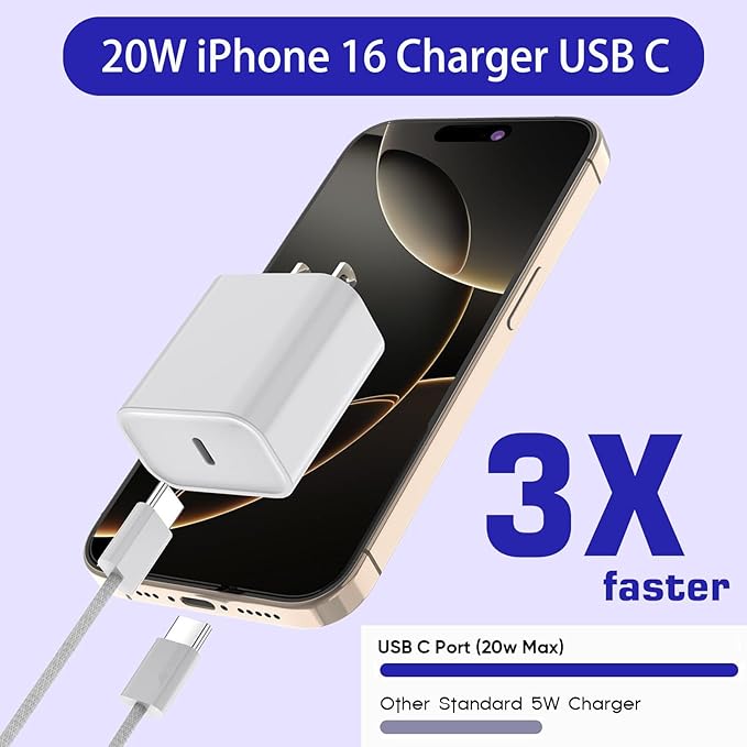 iPhone 16 15 Charger Fast Charging, 2Pack 20W USB C Wall Charger Blocks Adapter Cube with Fast Charging USB C Cable Quick Charge Cord for iPhone 16/16 Plus/16 Pro/16 Pro Max/16e/15/15 Pro Max/iPad Air
