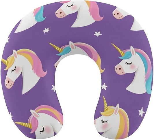 Teens Neck Pillow U-Shaped Memory Foam Travel Support, Galaxy Rainbow Star Magic Unicorn Purple U-Shape, Washable Airplane Car Office Pillow