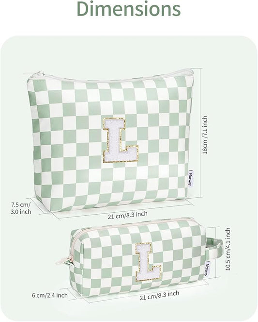 Narwey 2 Piece Personalized Initial Makeup Bag Checkered Cosmetic Bags, 6 8 10 11 12 13 14 16 18 Years Old Teen Girl Gifts Trendy Stuff Birthday Gifts for Women, Travel Toiletry Bag (Green Letter L)