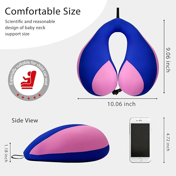 MOOB Kids Travel Neck Pillow with Chin Support, U-Shape Pillow for Head & Neck Support on Airplane & Car Rides, Ideal Travel Gift for Toddlers & Children (Blue Purple)