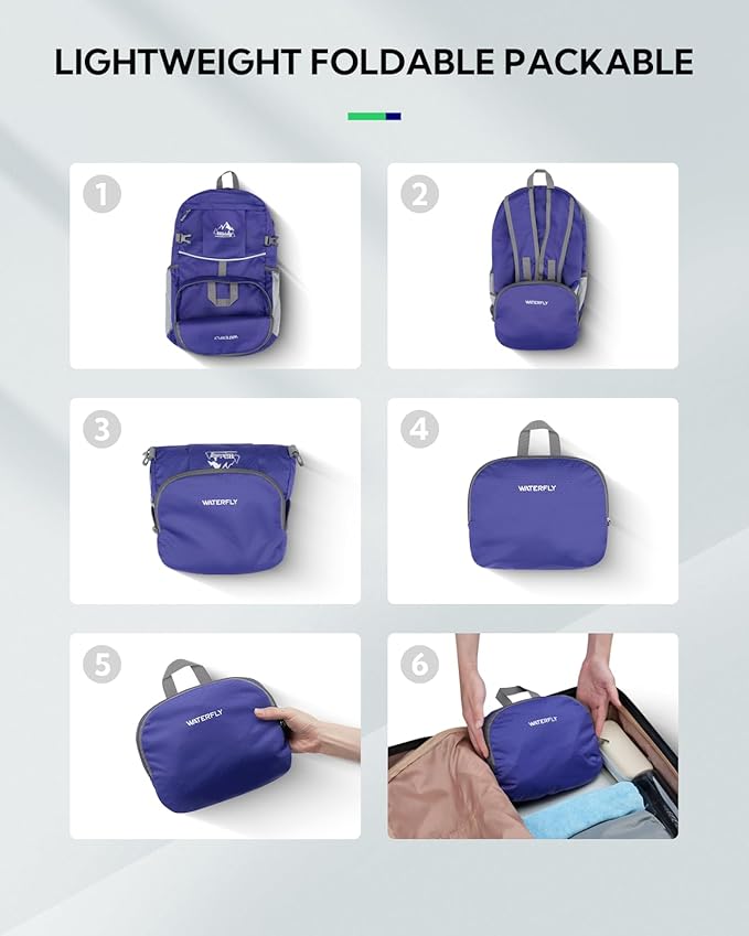 WATERFLY Hiking Packable Daypack Backpack: 25L Ultra Lightweight Day Pack for Woman Man - Small Compact Folding Back Pack for Outdoor Sport Cycling Camping Travel Trip - Dark blue