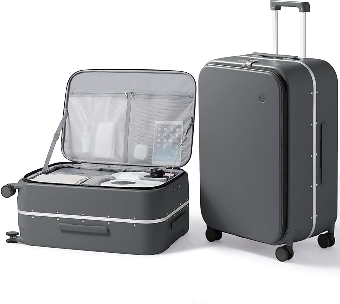 mixi 26 Inch Large Checked Luggage PC Hard Shell Suitcase Top Opening Aluminum Frame Travel Suitcases with Wheels, Rock Gray