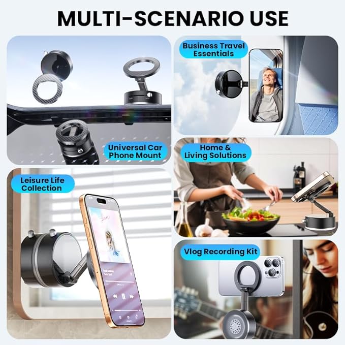 BISART Vacuum Magnetic Car Phone Holder – 360° Rotatable, Reinforced 96LBS Suction Cup Mount Compatible with MagSafe for iPhone & Android, Portable for Car, Gym & Mirror (A7-White)