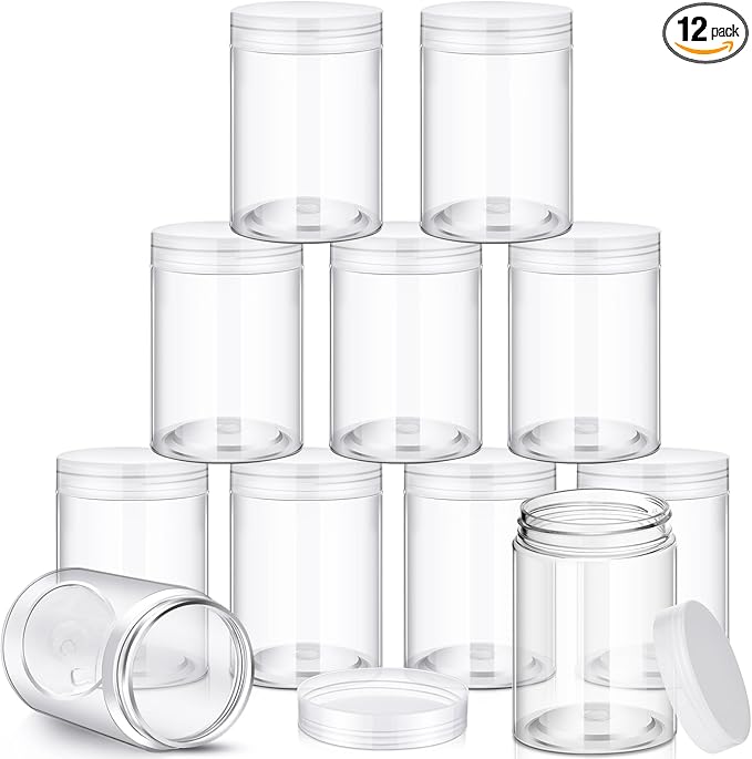 SATINIOR 12 Pack Plastic Container Jars with Lids Round Clear Travel Cosmetic Container Jars for Toiletries, Lotion, Cream, Ointments, Makeup, Rhinestone, Samples, Kitchen Storage(10 oz,Clear)
