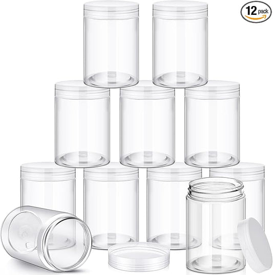 SATINIOR 12 Pack Plastic Container Jars with Lids Round Clear Travel Cosmetic Container Jars for Toiletries, Lotion, Cream, Ointments, Makeup, Rhinestone, Samples, Kitchen Storage(10 oz,Clear)