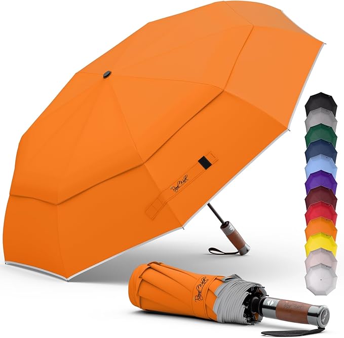 Royal Walk Windproof Folding Travel Umbrella Compact and Strong Luxurious Real Wood Handle Automatic Open Close Vented Double Canopy for Men and Women