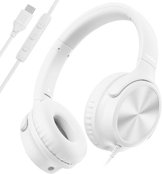 USB C Headphones Wired, Over Ear USB C Wired Headphones with Microphone, Volume Control, HD Stereo Sound,Foldable USB Type C Headphone for Adult/Teens/Laptop/Computer/iPhone 15/16 Series,White