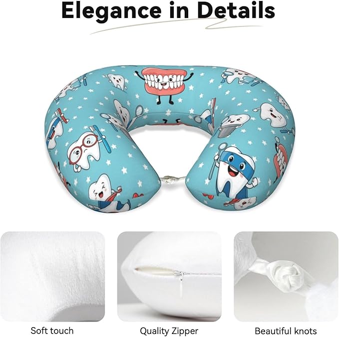 Unique Travel U Shaped Pillows Cute Dental Teeth Blue for Airplanes Car Flight, Comfortable Chin Head Neck Cushion Supporting, Polyester Removable Cover