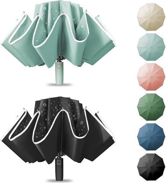 Large Windproof Travel Umbrella, Portable Reverse Folding Car Umbrella, Compact Inverted Design with Waterproof Canopy, Automatic, 10 Durable Ribs, 45.6/13 Inch, Fits Backpack