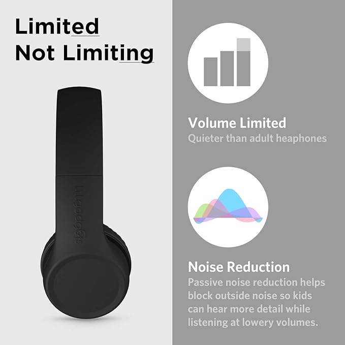 LilGadgets Connect+ Foldable Headphones, Adjustable Fit Soft Touch Padding for Kids with Mic, Volume-Limited & Noise Reduction On-Ear Wired Headset for School with SharePort - Black, Ages 3-14