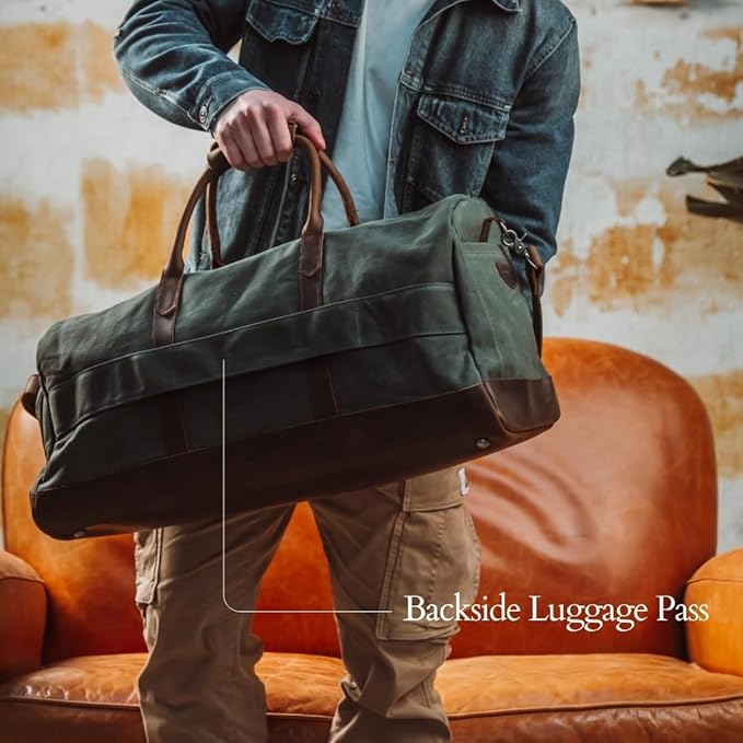 Waxed Canvas Weekender Duffle Bag, Vintage Style Travel Bag with Leather Trim, Army Green (Forest Green)