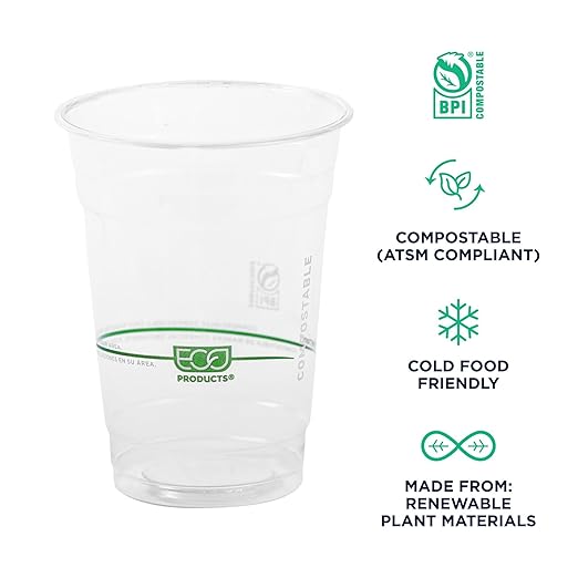 ECO PRODUCTS GreenStripe Clear Compostable 16oz PLA Plastic Cups, Case of 1000, Disposable Renewable Plant-Based Cold Cups, For Cold Drinks & Snacks, BPI Certified, ASTM Compliant.