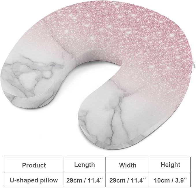 Teens Neck Pillow U-Shaped Memory Foam Travel Support, Modern Rose Gold Pink Glitter White Marble U-Shape, Washable Airplane Car Office Pillow
