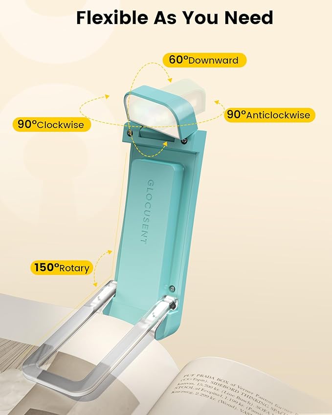 Glocusent Rechargeable Book Light, 1000 mAh Battery for 160 Hrs, 3 Amber Colors & 5 Brightness Stepless Dimming - Reading Lights for Books in Bed, Clip on Book Lights for Bookworms Kids