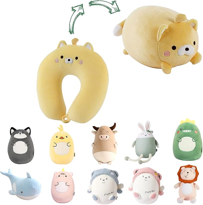 Kids Travel Pillow - 2-in-1 Deformable Kids Neck Pillow for Traveling, Soft U-Shaped Pillow with Adorable Animal Design, Comfy Sleep and Play, Ideal for Airplanes and Cars - Yellow Bear