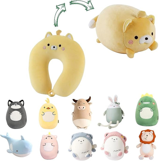 Kids Travel Pillow - 2-in-1 Deformable Kids Neck Pillow for Traveling, Soft U-Shaped Pillow with Adorable Animal Design, Comfy Sleep and Play, Ideal for Airplanes and Cars - Yellow Bear