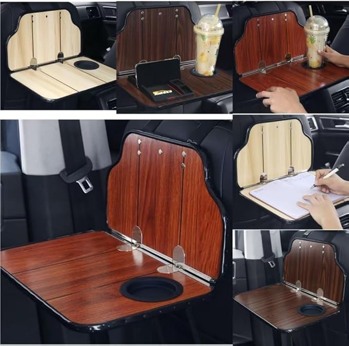 Folding Wood Car Back Seat Food Tray Table, Multi-Functional Car Seat desk for Eating, Working, Writing, Traveling(Dark brown)