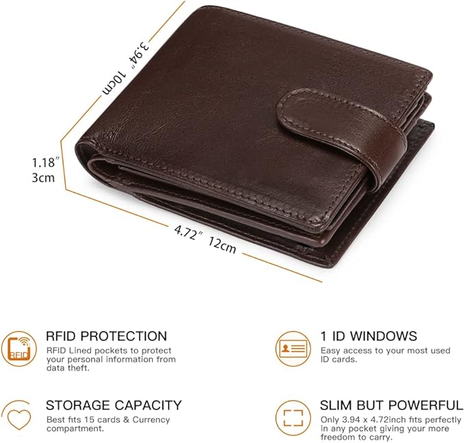 GOIACII Mens Wallet Large Capacity Genuine Leather RFID Blocking Bifold Wallets for Men with ID Window and 15 Card Slots