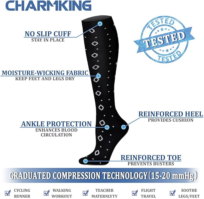 CHARMKING Compression Socks for Women & Men Circulation (8 Pairs) 15-20 mmHg is Best Support for Athletic Running,Cycling