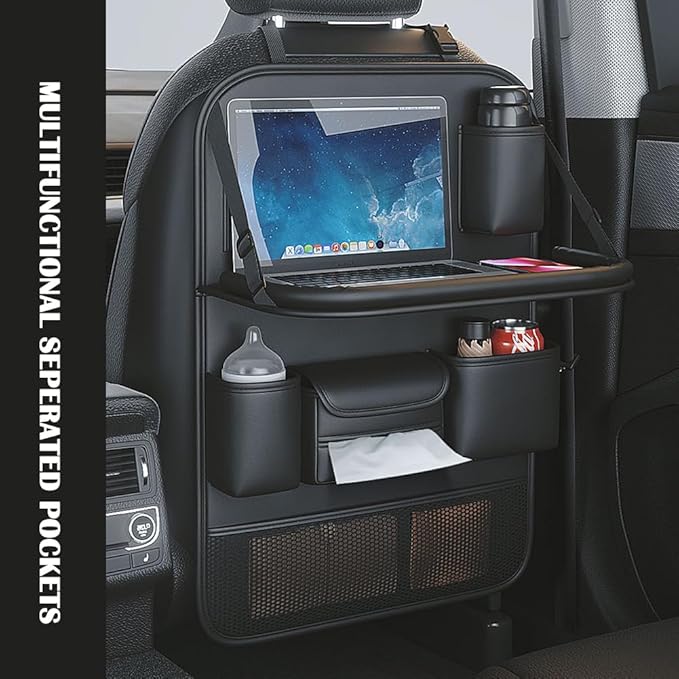 Car Backseat Organizer with Foldable Table Tray,Car Seat Back Protector with Touch Screen Phone Holder,Premium PU Leather Material,Compatible with Most Vehicles,Inner Car Accessories