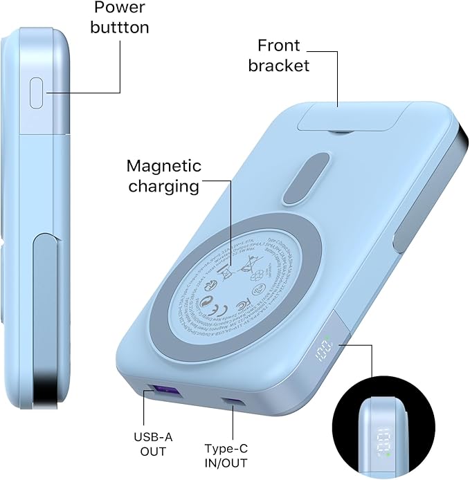 Magnetic Power Bank, 10000mAh Portable Charger, 22.5W Fast Wireless Battery Pack with LED Display, Portable Phone Charger with Stand for iPhone 17/16/15/14/13 Series (Blue)