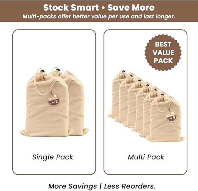 LFH Cotton Shoe Storage Bags with Drawstring, Dustproof Breathable Reusable Organizer, Perfect For Travel, Dorm, Hotel, College, Gym, Easy to Carry, Machine Washable 12"x17" (Pack of 6) - Natural