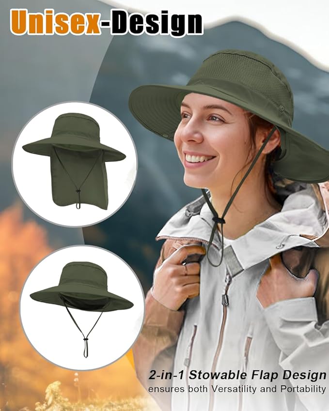 Outdoor Sun Hats with Stowable Neck Flap for Men Women UPF 50+ Mesh Summer Bucket Hat Wide Brim for Fishing Safari Hiking