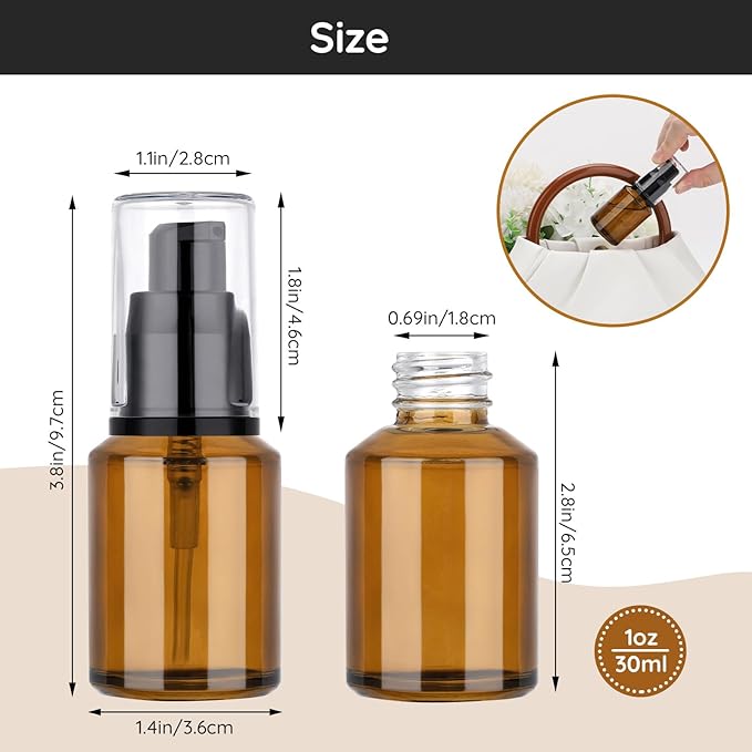 Segbeauty 1oz Refillable Lotion Bottle with Pump, Pack of 5 Frosted Travel Glass Bottles Creams Lotion Containers Foundation Bottle for Travel Size, 30ml Makeup Pump Dispenser for Toiletries Amber