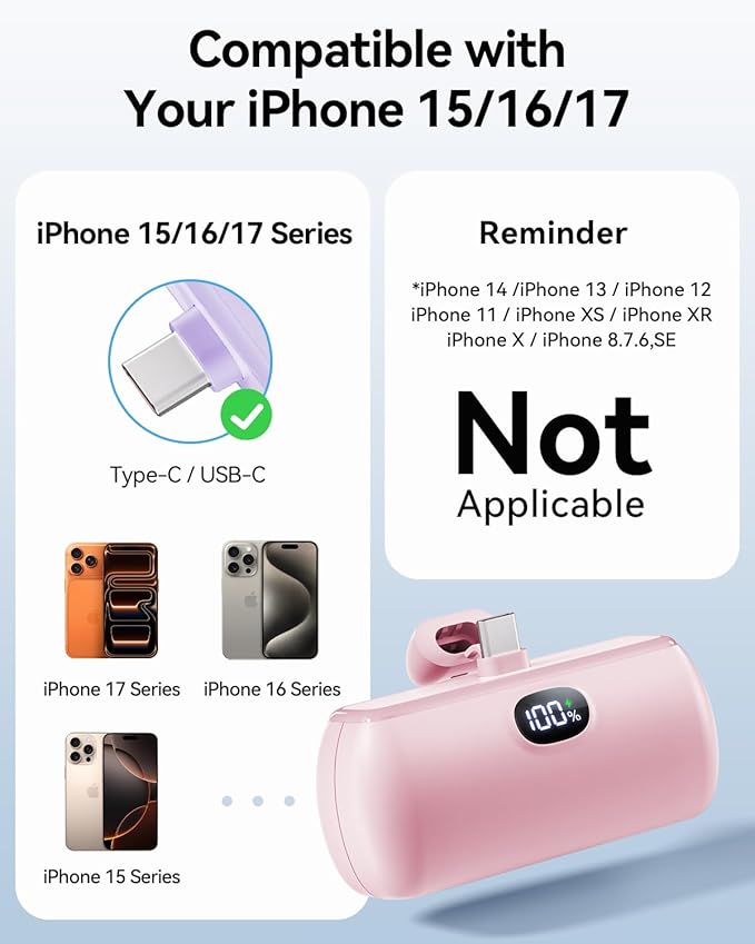 [2 Pack Mini Portable Charger USB C, 5000mAh Cell Phone Portable Power Bank, 22.5W Max Fast Charging Battery Pack for iPhone17/16/15/Android etc, Travel Essential, LCD Display, Pink&Purple