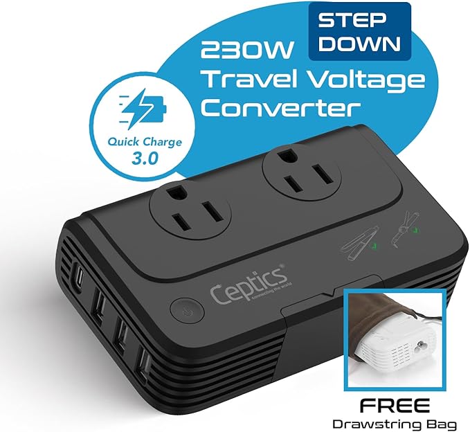 Ceptics - 6 in 1 Travel Adapter and Voltage Converter, 220V to 110V Converter with Surge Protection, Universal Adapter with Types A, C, G, I attachments & 4 USB PD 18W Fast Charging - Black