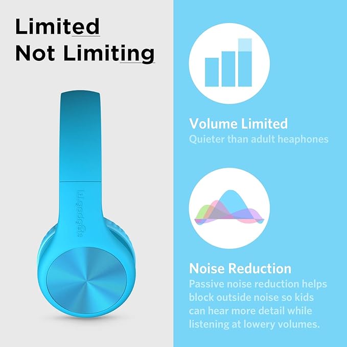 LilGadgets Connect+ Pro Wired Kids Headphones for School with Microphone, Volume Limiting Over-Ear Headset with Cord, SharePort Technology & SoftTouch Padding, Blue